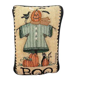 Halloween Scarecrow Decorative Pillow With Pumpkins Cats & Boo Text Design